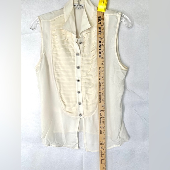 St John Women Size 10 Off White Silk Georgette Sleeveless Blouse Pleats - Picture 5 of 11